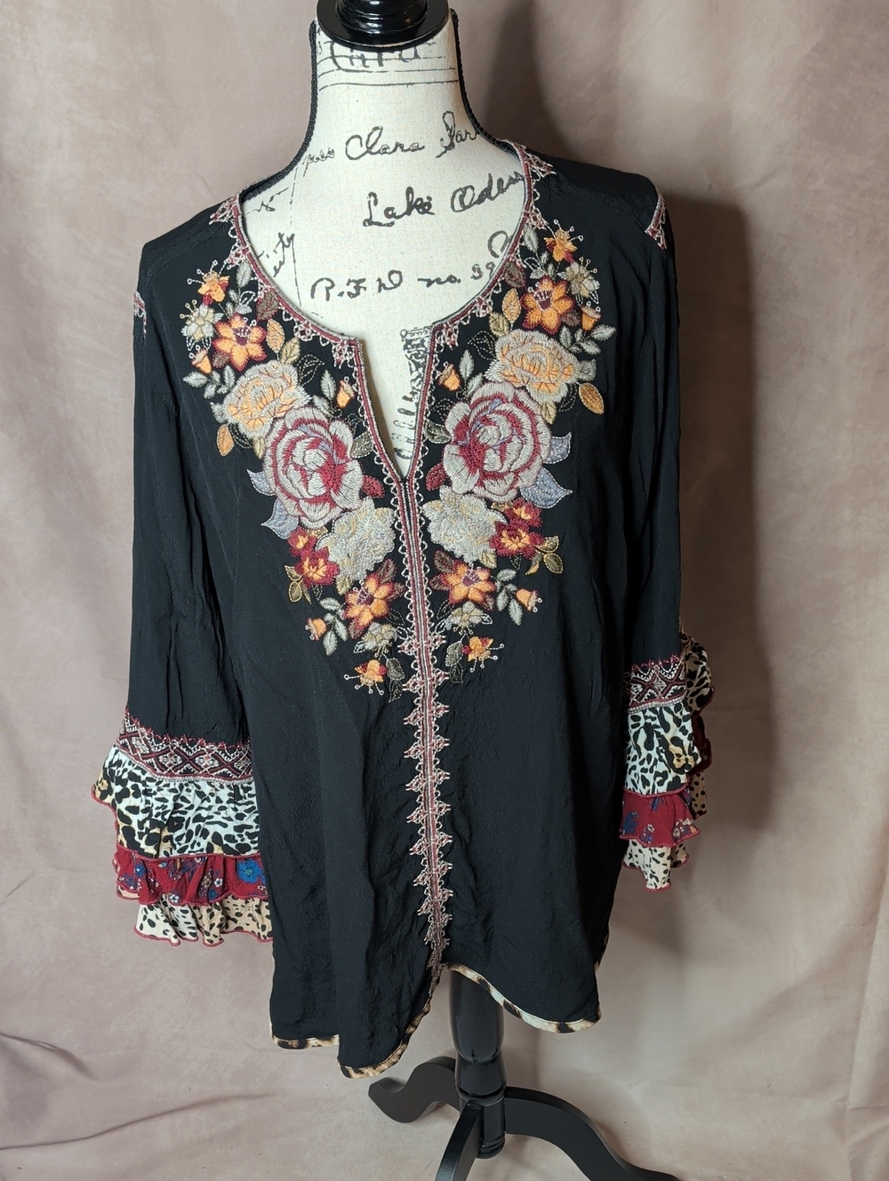 John Mark Black Embroidered Ruffle Long Sleeve Blouse Size 2X
